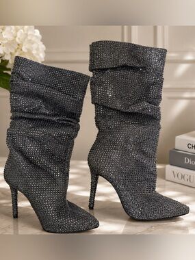 Jessica Simpson Black Crystal-Embellished Slouch Stiletto Boots